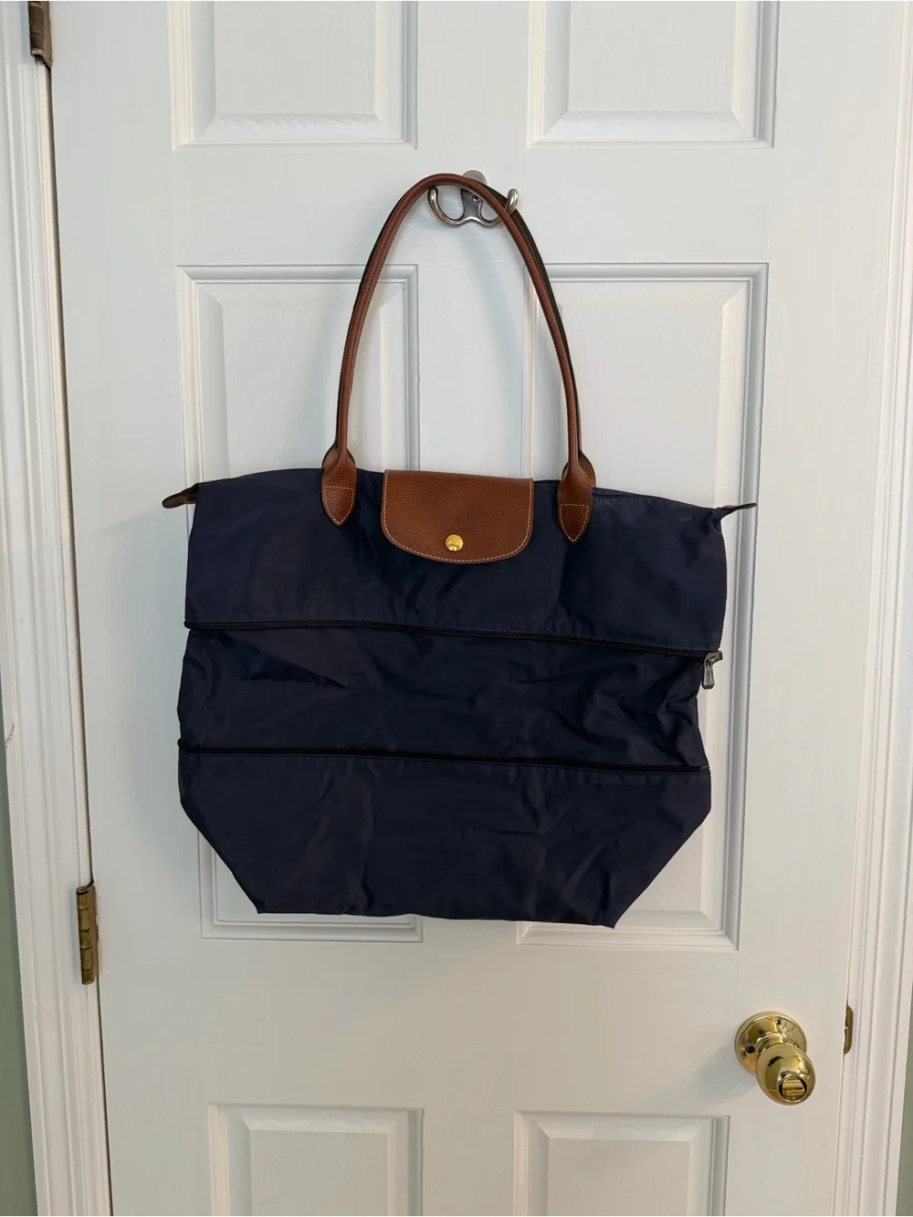 Longchamp expandable Navy Tote with Brown Leather Trim and Handles